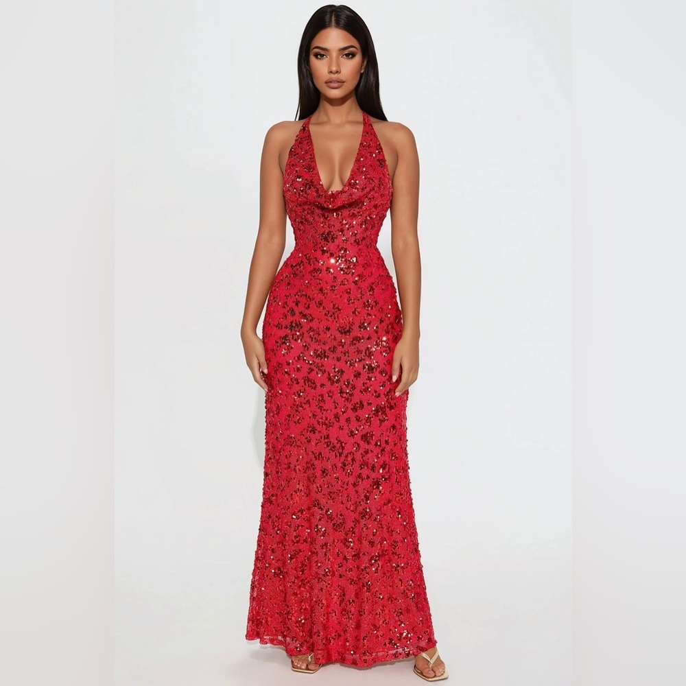 Fashion Nova Red Sequin Halter Maxi Dress
